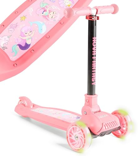 FableKids Kinderscooter Cityroller Tretroller Flamingo Scooter höhenverstellbar | klappbar | LED-Räder | Tritt-Bremse | für Kleinkinder ab 3 Jahren | bis 50 kg belastbarer Roller | Kickroller