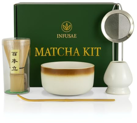 Matcha Kit – 5 Pcs Matcha Whisk Set with Bamboo Whisk & Scoop, Ceramic Bowl & Whisk Holder, and Stainless Steel Strainer – Complete Matcha Kit for Ceremony, Latte & Gift for Green Tea Lovers
