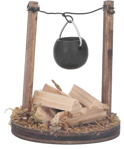Yechiry Mini DIY Puppenhaus Kamin Holz, Puppenhaus Dekoration Holz Miniatur Ofen Herd Realistischer Kochtopf Feine Verarbeitung für Feengarten Camping Zubehör
