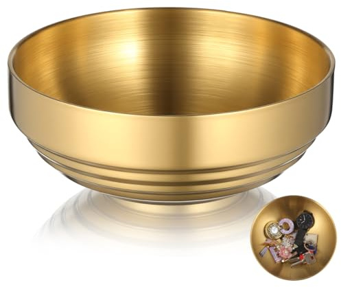 SHINEOFI Gold Decorative Bowl for Keys, 7.4 Inch Metal Key Dish for Entryway Hallway Table, Stainless Steel Fruit Storage Bowl, Modern Trinket Holder Home Decor Ornament