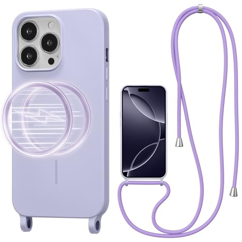UCASONG Magnetic Case for iPhone 14 Pro Max with Lanyard, Lilac | Compatible with MagSafe, Crossbody Liquid Silicone Case, Soft Shockproof Protective Cover, with Adjustable Neck Cord Strap