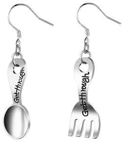 Flongo Funny Fork & Spoon Earrings for Women – Asymmetric Cutlery Drop Earrings with Getthrough Engraving – Quirky Preppy Hypoallergenic Jewelry with 925 Silver Posts – Funky Unique Dangle Earrings