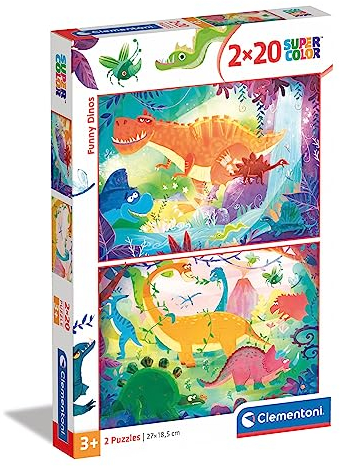 Clementoni 24755 Supercolor Lustige Dinos – Puzzle 2 x 20 Teile ab 3 Jahren, buntes Kinderpuzzle mit besonderer Leuchtkraft & Farbintensität, Geschicklichkeitsspiel für Kinder