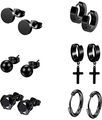 6 Paires Acier Inoxydable Boucles d’Oreilles pour Homme Femme Clou d’Oreille Piercing Boucle d’Oreille Homme Noir Anneau Diamant,Boucles d Oreilles Croix Homme,Boucle d Oreille Noir Homme Créole