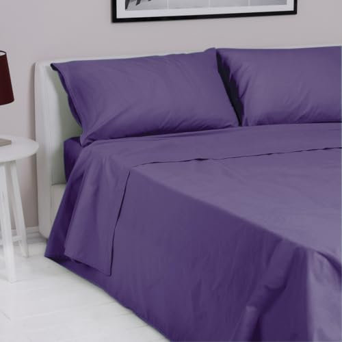 LARA MORADA - Set Completo Lenzuola Matrimoniali, 100% Cotone, Made In Italy, Tinta Unita, Per Letto Matrimoniale 2 Posti, Viola