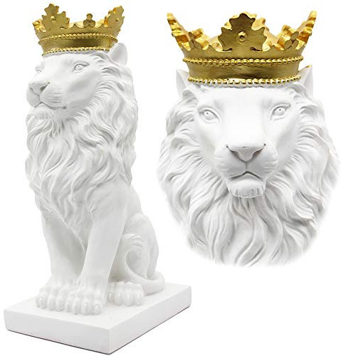 H&W Löwe Statue, Harz Skulpturen für Männer, Weiße Krone Lion Figuren, Kunst Statue Sammelfiguren für Haus Büro Wohnzimmer Bücherregal Tisch Schreibtisch Housewarming Décor