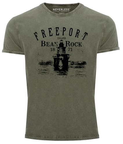 Neverless® Herren Vintage Shirt Retro Print Leuchturm Schriftzug Freeport Island