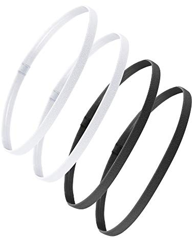 4 Pièces Bandeaux Élastiques de Sport Épaisses Antidérapantes Bandeaux de Cheveux pour Femmes et Hommes (Noir, Blanc)