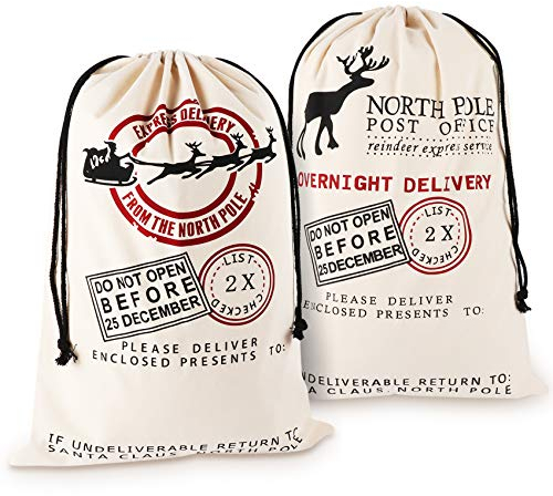 Homewit - 2 sacos de Navidad de Papá Noel de 70 cm x 50 cm, bolsas de lona con cordones, bolsas de regalo de Papá Noel de gran tamaño, bolsas de regalo de arpillera de Navidad para regalos de Navidad,