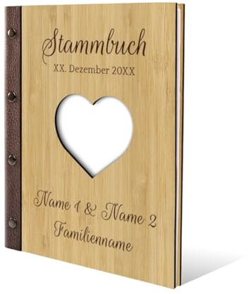 Stammbuch Gravur individuell Bambus Cover lasergeschnitten mit Echtleder Rücken und Extras Stammbuchformat hoch 175 x 220 mm - Herz
