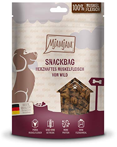 MjAMjAM - Premuim Hundesnack - Snackbag - herzhaftes Muskelfleisch vom Wild, 1er Pack (1 x 100 g), naturbelassen ganz ohne synthetische Konservierungsstoffe