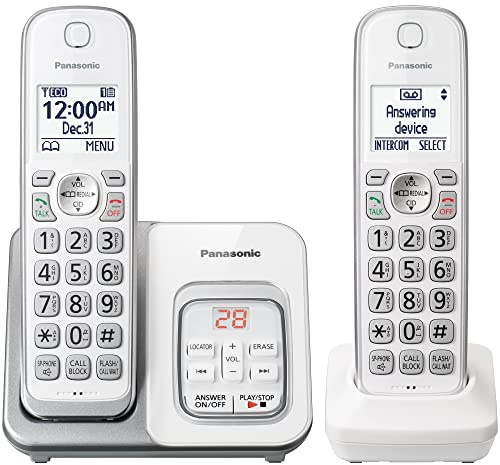 Panasonic DECT 6.0 Expandable Cordless Phone with Answering Machine and Smart Call Block - 2 Cordless Handsets - KX-TGD632W (White/Silver)