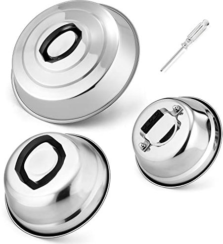 Cheese Melting Dome Set of 3, HaSteeL Stainless Steel Round Basting Steaming Covers, Professional Griddle Grill Accessories for Flat Top Teppanyaki BBQ Cooking Indoor & Outdoor (12” - 9” - 6.5”)