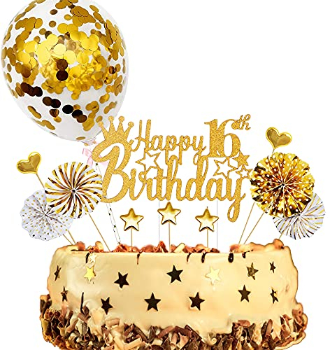 ENYACOS Cake Topper, Happy Birthday Tortendeko 16, Glitzer Geburtstag Kuchendeko, Gold Herzen Deko für Jungen (16 Gold)