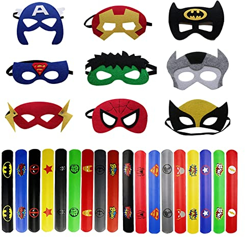 HONGP Superhero Masks & Superhero Slap Bands for Kids Party Bags,27Pcs Felt Superhero Cosplay Party Masks Bracelets,Fancy Dress Up Costume Supplies Wristband Favours Girls Boys Fillers Masquerade