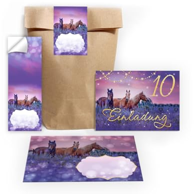 Junapack 12 Einladungskarten zum 10. Kindergeburtstag zehnte Geburtstag Mädchen Pferd Pferde incl. 12 Umschläge, 12 Tüten/natur, 12 Aufkleber