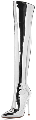 Zaylee Stivali sopra il ginocchio da donna a stiletto Stivali alti sopra il ginocchio sera coscia stivali alti bar,EU42 argento