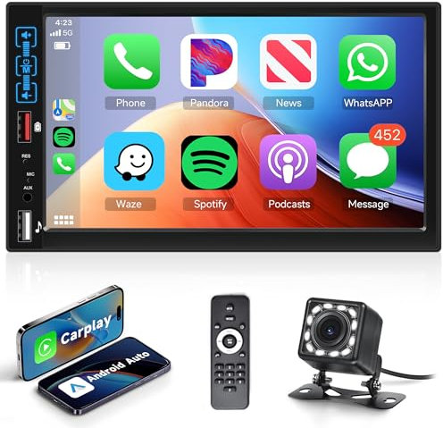 Rimoody Car Radio Double Din Wireless Carplay Car Stereo, 7 Inches 2 Din Touch Screen with Bluetooth FM Radio Mirror Link TF/USB/AUX Input SWC Car Multimedia Player + Backup Camera
