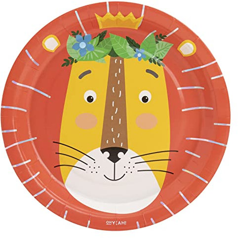 6 Unidades - Platos Llano Cartón Desechable de Ø 23 cm con dibujo de león - Decoración fiesta Safari, decoración Safari, decoración mesa safari. (Plato Ø 23 cm)