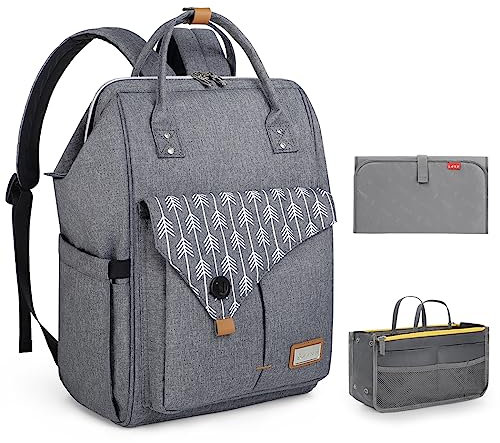 Lekebaby Nappy Changing Backpack,Baby Changing Bag Baby Nappy Backpack Bag with Changing Mat,Grey With Storage Bags
