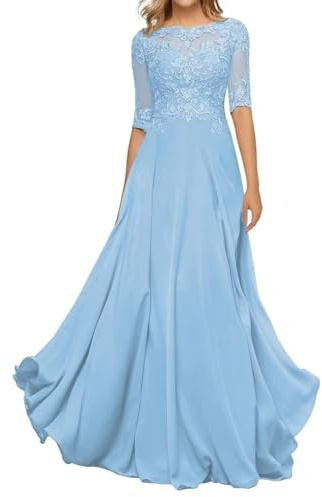 HYEC7 Women's Lace Appliques Mother of The Bride Dresses 3/4 Sleeve Long Formal Evening Dresses A Line Prom Dress Sky Blue