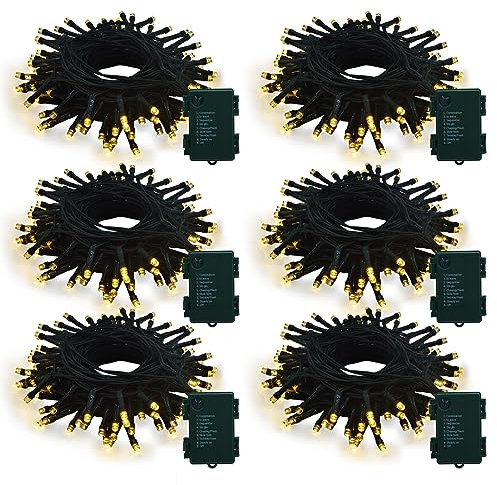 CCILAND 6 Pack 100 LED String Lights Battery Operated, 10M Green Wire Fairy Lights with Auto Timer for Indoor Outdoor Xmas Tree Party Decoration (Warm White)