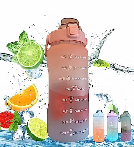 Trinkflasche 2L, 2 Liter Trinkflasche mit Strohhalm, BPA-frei Wasserflasche 2 Liter mit Zeitmarkierung, Auslaufsicher Sportflasche Trinkflasche Sport für Fitness Camping Yoga Laufen (1 Pink)
