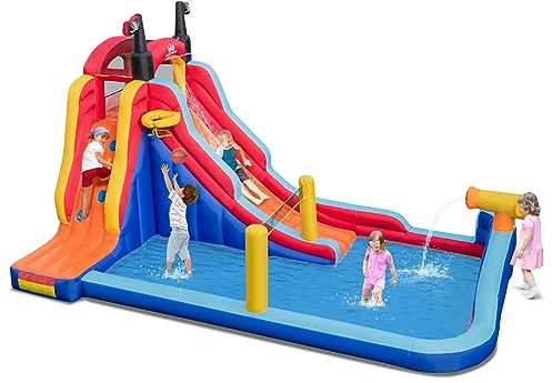 COSTWAY Castillo Hinchable Acuatico con Tobogán, 5 en 1 Castillo Hinchable Grande Temático de Piratas, 484 x 271 x 263 cm, Castillo Hinchable para Niños 3-10 años, Interior Exterior
