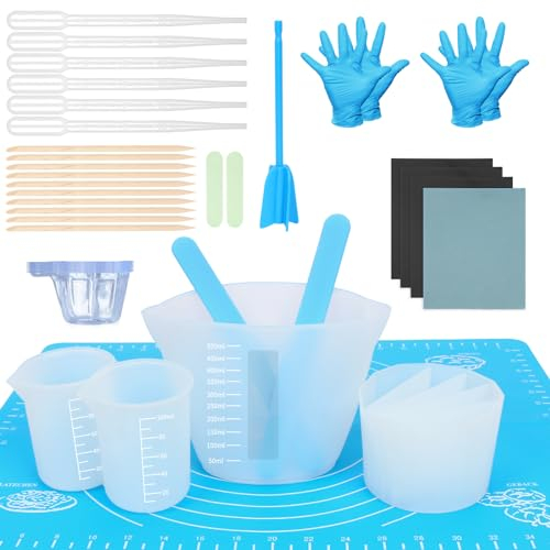 Silicone Measuring Cups for Epoxy Resin,500&100ml Resin Mixing Cups,Silicone Split Cup Stir Sticks,Resin Accessories Silicone Mat,Resin Polishing,Silicone Gloves,for Epoxy Resin Mixing