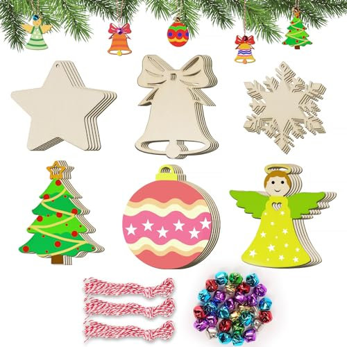 30pz Ciondoli Natalizi in Legno per Albero di Natale, Palline Angelo Legno Natale, Ornamenti Legno Natale Addobbi Decorazioni Legno Albero di Natale, con Spago Campanelli (A-6 Stili)