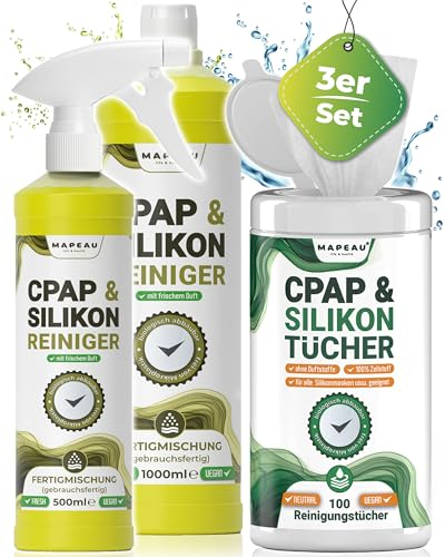 CPAP Reiniger Spray 500ml I 100x Feuchte Reinigungstücher I 1 Liter CPAP Maskenreiniger Nachfüll für CPAP-Masken, Schläuche, Kunststoff, Silikon-Reiniger Mapeau (3er Set mit Tücher)