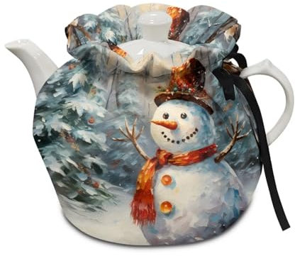 Goronwyfloyd Klassische Teekanne mit Schneemann und Weihnachtsbaum, gemütlich, Frühstückswärmer, Teekanne, Staubschutz, isoliert, fusselt nicht leicht und verblasst nicht leicht, Weihnachtsdekoration
