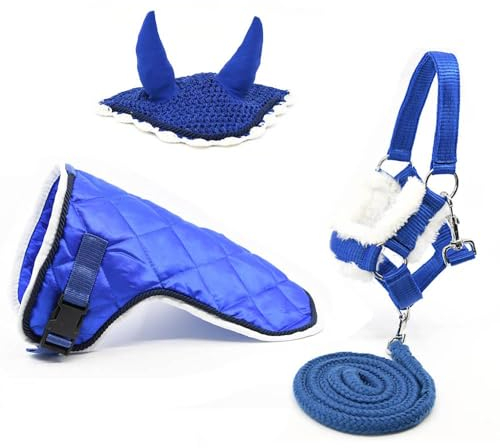 Zubehör-Set für Hobby Horse und Pferd, Stick: Halfter mit Führstrick + Decke + Mückenschutzmütze, Blau, HHL77