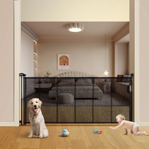 VEVOR Retractable Baby Gate, 34.2 Tall Mesh Baby Gate, Extends up to 76.8 Wide Retractable Gate for Kids or Pets, Retractable Dog Gates for Indoor Stairs, Doorways, Hallways, Playrooms, Black