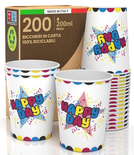 200 Bicchieri in Carta 200ml Made in Italy Ecologici Biodegradabili Monouso da Asporto Bevande Calde Acqua Colorati Fantasia HAPPYDAY - Prodotto e Confezionato in Italia