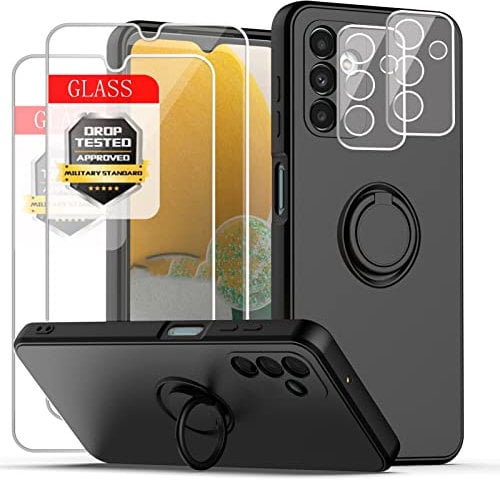 Esakycn for Samsung Galaxy A25 5G Phone Case with 2 Pack Screen Protector and Camera Lens Protector, Silicone with Kickstand Ring Holder Magnetic Car Mount for Samsung Galaxy A25 5G 6.5, Black