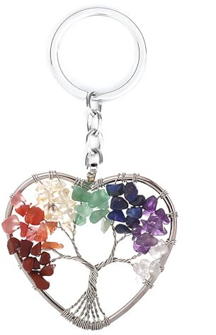 Zeayebsr 1pcs Baum des Lebens Schlüsselanhänger, Herz-Form 7 Chakra Heilung Kristall Lebensbaum Schlüsselanhänger Edelstein Glück Anhänger Schlüsselanhänger Damen mit Einer Karte