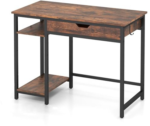 SFAREST 100CM Computer Desk, Industrial Wooden Study Working Writing Table with Drawer, Adjustable Shelf & Headphone Hooks, Compact PC Laptop Table Computer Workstation for Home Office, Rustic Brown