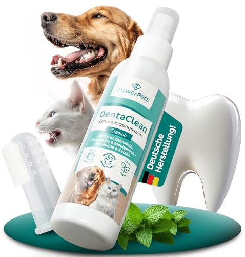 PowerPets - Dentalspray + GRATIS Fingerzahnbürste 80ml [Hunde & Katzen] - 100% natürliche Maulhygiene - Schluss mit Zahnbelag I Zahnsteinentferner, Zahnreinigungsspray