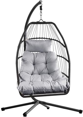 Home Republic Foldable Hanging Egg Chair with Stand – Rattan Swing Chair with Waterproof Cushion – Indoor/Outdoor Garden Patio Use Hammock Pod (Miami Black, One Seater)