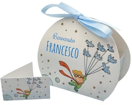 PV Grafik® 24+24 Scatoline Portaconfetti Il Piccolo Principe – Bomboniere Personalizzate Battesimo Nascita Bimbo con Bigliettini e Nastrino – Tema Stelle e Volo (TunnaPP3)