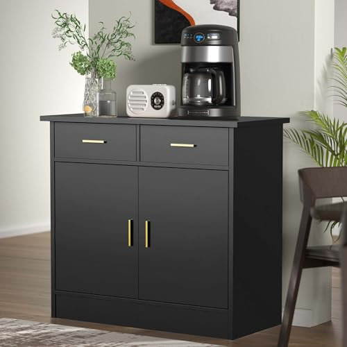 Cozy Castle Sideboard, Küchenschrank, Buffetschrank, Aufbewahrungsschrank mit 2 Schubladen und 2 Türen, Holzkommode, Verstellbare Ablagen, für Küche, Wohnzimmer, Flur und Esszimmer, Schwarz
