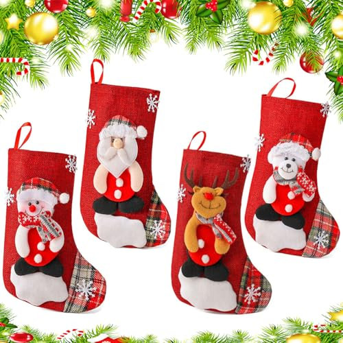 4 Pezzi Calza Natale, Calzini Decorativi Natalizi, Addobbi per Calza Natale, Simpatiche Decorazioni Calze Natale, Calzini Rossi del Camino, per Alberi di Natale, Caminetti, Finestre (A)