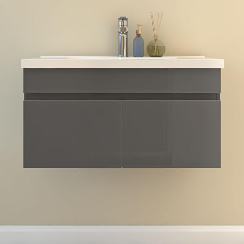 HAPAOSO 80cm Badmöbel Set Badezimmer Waschtisch mit Unterschrank Gäste WC Anthrazit Hochglanz