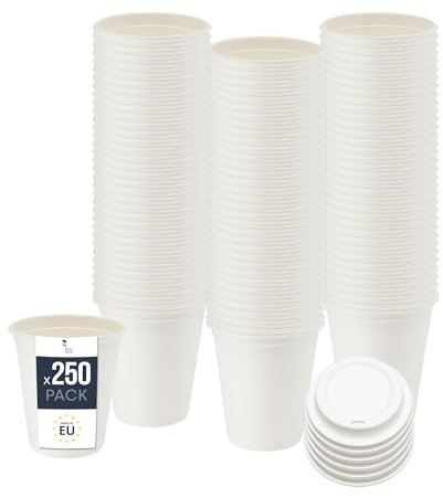 BenBow Vasos desechables de caña de azúcar con tapa, color blanco, 250 ml x 250 - Mejores que los vasos de papel, ecológicos, reciclables, para bebidas calientes y frías