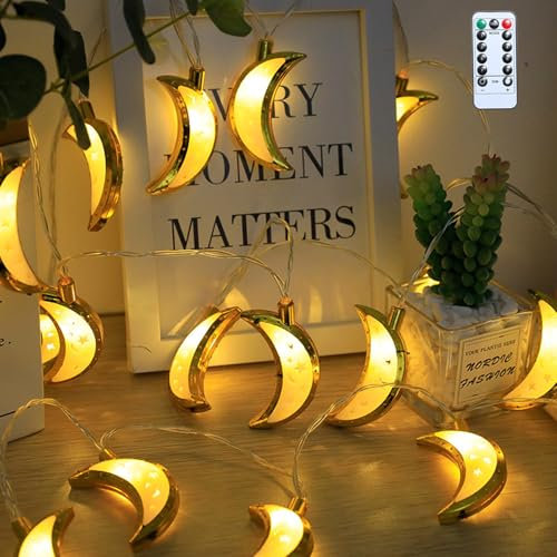 Zecnaud Ramadan Deko Lichterkette, 3M 20 LED Lichterkette mit Timing Funktion, 8 Lichtmodi, Ramadan Lichterkette Gold Stern Mond Eid Mubarak Dekoration Lichterketten Warmweiß für Ramadan Deko (Mond)