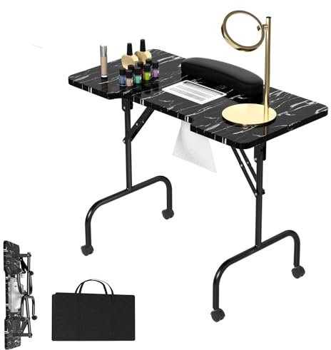 LARS360 Mesa de manicura plegable, portátil con ruedas, mesa de manicura con aspiración