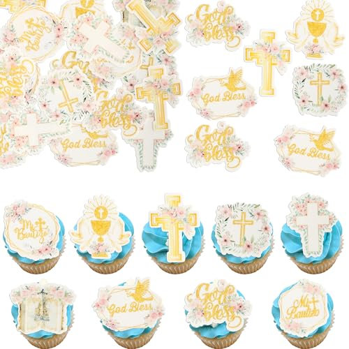 Gyufise 48Pcs Edible Baptism Cupcake Toppers Wafer Paper God Bless Cross Cupcake Picks First Holy Communion Christening Confirmation Religious Cupcake Picks for Baptism Party Decorations Pink