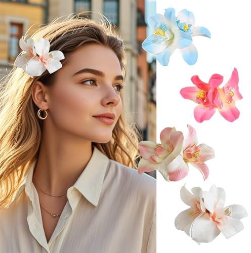 Yamobi 4 pezzi fermacapelli con fiori hawaiani,Fermacapelli floreali,Fermaglio con orchidea per spiaggia, festa, adatto per donna e ragazza