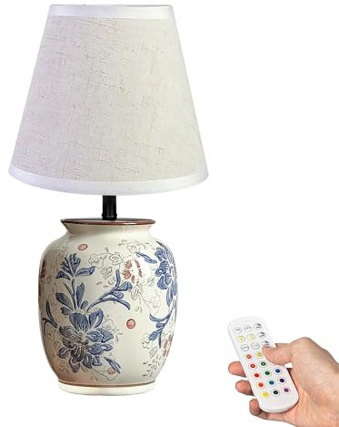 FSLiving Tischlampe Keramik Tischleuchte Lampe, Vintage Dimmbar Nachttischlampe mit Stoffschirm 1xE27, LED Wiederaufladbare Kabellose Akku Tischlampe für Nachttisch Beistelltisch Esstisch TD0993